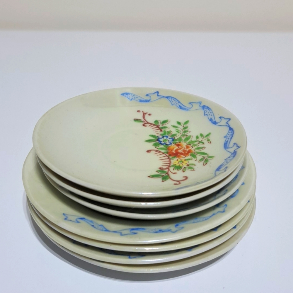 Vintage Child Toy Plates - Doll Sized Plate and Saucer Set of 7 - Rose Floral